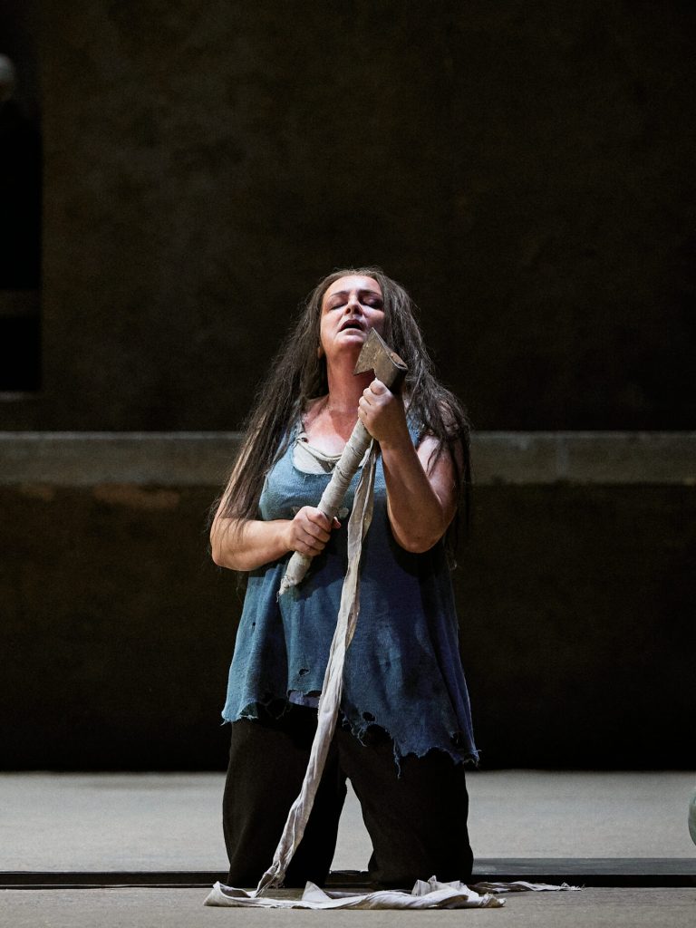 Nainen seisoo polvillaan ja pitelee kirvestä. Hänen silmänsä ovat kiinni ja suu auki. Hänellä on pitkä tumma tukka ja päällään sininen, rikkinäinen hihaton paita ja tummat housut. Tausta on hämärä.